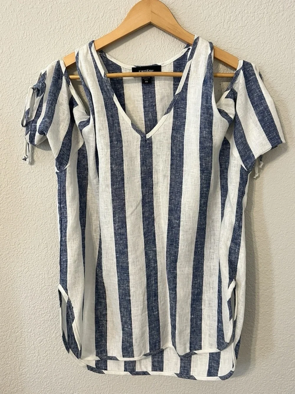 Karen Kane Cold Shoulder Tie Sleeve V Top Navy Blue White Striped Linen Blouse